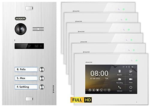 Nonic Balter EVO HD Silber/Weiß Video Türsprechanlage Set für 3 Familienhaus (1x Türstation mit Full HD-Kamera, 6X Touchscreen 7 Zoll Monitor, 2-Draht Bus, 175° Weitwinkel, Türöffner)
