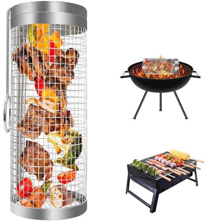 TICFOX Rolling Grill Basket 30cm Stainless Steel Cylindrical Grill Basket, Rolling BBQ Basket Useful Grill Rack Accessories for Vegetables Fish Meat Outdoor Barbecue Camping Essentials