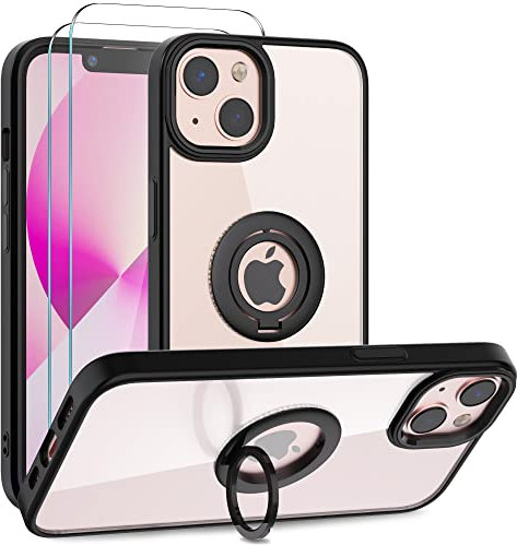 Giolus für iPhone 13 Hülle mit 2 Stück Schutzfolie, Durchsichtig Handyhülle mit 360° Rotation Ring Halter Ständer Dünn TPU Silikon Bumper Hard Back Hülle Stoßfest Kratzfeste Schutzhülle Schwarz