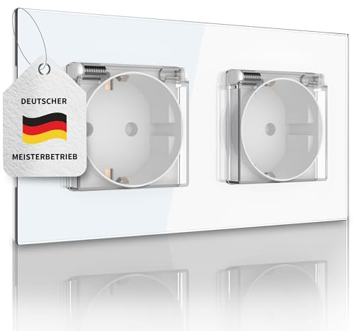 PULSAR Doppel-Steckdose Unterputz Weiß Glas - mit Deckel und gehärtetem Glasrahmen - Wandsteckdose 2-Fach mit Klappdeckel 230V 16A für Feuchtraum