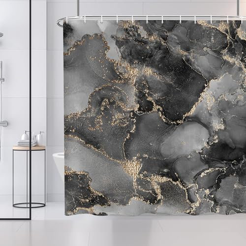 ASDCXZ Rideau de Douche Marbre 180x180 cm, Abstrait Moderne Noir Or Gris Aspect Marbre Texture Lavable Textile Rideau Douche imperméable pour Baignoire avec 12 Crochets