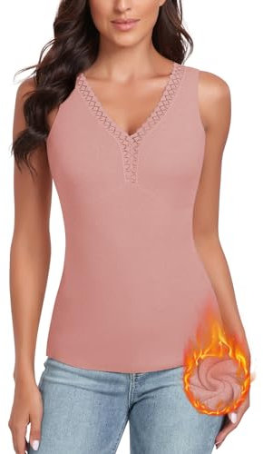 WOWENY Canottiera Termica da Donna con Pizzo, Senza Maniche, Invernale, con Scollo a V, in Pile, Colore: Rosa., L