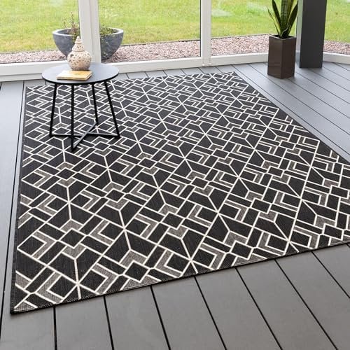 Steffensmeier In- und Outdoor Teppich Bergen Küche Balkon Garten Flur, wasserfest, Kunststoff, Raute Schwarz, Größe: 240x330 cm