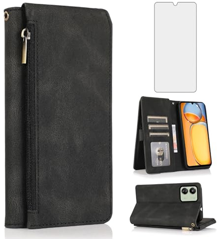 Asuwish Compatible with Xiaomi Redmi 13C /Xiaomi Poco C65 6.74 inch Wallet Case Tempered Glass Screen Protector and Zipper Retro Leather Flip Cover Card Holder Stand Cell for Redmi13C Women Men Black