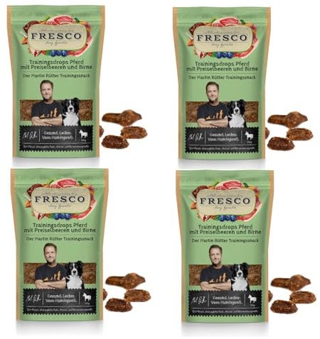 Fresco Martin Rütter Trainingsdrops Pferd mit Preiselbeeren und Birne | 4er Pack | 4 x 150 g | Natürlicher Monoproteinsnack für Hunde | Getreidefreie Rezeptur