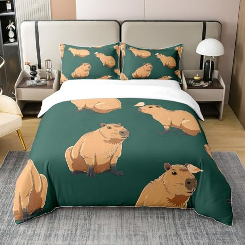 Homewish Belle Capybara Housse de Confort Coton Dessin Animé Capybara Literie Set 200x200 Reine Fun Capybara Housse de Couette Garçons Filles Le Brun Animaux Housse de Couette 2 Taies d'oreiller