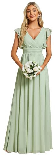 Ever-Pretty Abito da Sera Donna con Volant a Maniche Corte Scollo V Chiffon Pieghe Abiti da Damigella d'Onore Elegante Menta Verde 46