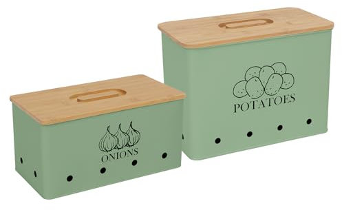 Xbopetda Potato Onion Storage Box, Food Container Sets, Storage Canisters for Vegeatables, Set of 2 Jars Pots Containers, Potato & Onion Bin with Aerating Tin Storage Holes & Wooden Lid-Green