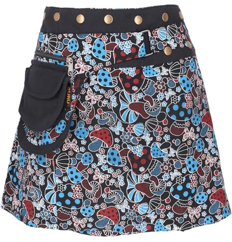 GURU SHOP Wickelrock, Kurzer Pilz Print Goa Rock, Cacheur mit Druckknöpfen - Schwarz, Damen