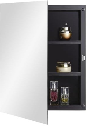 Fundin Black Plastic Mirror Cabinet with Polished Edge Mirror Door, Recessed and Surface Mount, 40 x 51 cm