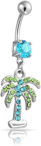 Caijewl 316L Nautical Tropical Beach Dangle Green Blue Crystal Palm Tree Bar Navel Belly Ring For Women 316L Stainless Steel 14 Gauge
