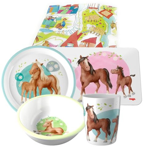 Haba Pferde Melamin-Geschirr Geschenkset Taufe 1.Geburtstag Kindergeschirr Mädchen (4-teilig)