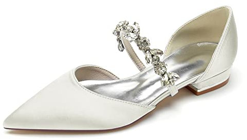 DSKHDZW Women D'Orsay Wedding Dress Shoes Pointed Toe Bridal Flat Pumps Slip on Ballet Flats with Rhinestone Band,Ivory,8 UK