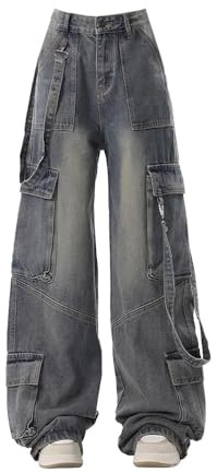 Xytraiihw Graue Cargo-Jeans Für Damen, 90Er-Jahre-Vintage-Y2k-Baggy-Jeans Mit Taschen, Streetwear-Jeanshose, Jeans Mit Hoher Taille