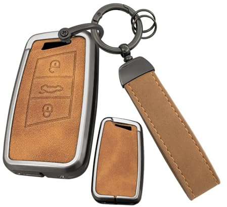 ontto Autoschlüssel Hülle Passt für VW für Skoda für Seat Fernbedienung Cover Schlüsselhülle Legierung Leder Schlüsseletui Schlüsselgehäuse Schlüsselanhänger 3 Tasten Zubehör-C Braun