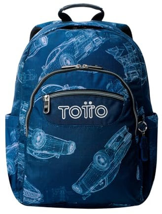 TOTTO - Mochila Escolar Adaptable a Carro, Modelo Acuareles, Capacidad 20 L, Bolsillo Pc 14, Bolsillos Botella, Espaldar Ergonómico con Flujo de Aire, Cómodas Correas en S, Estampado Blueprint