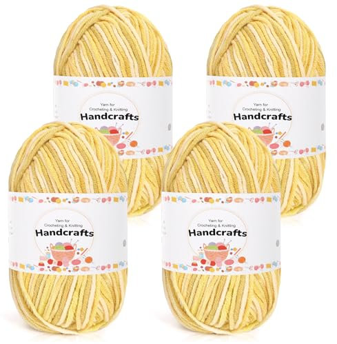 Aeelike 200g(4x50g) Farbverlauf Baumwollgarn zum Häkeln, Acryl Häkelwolle Bunt Zum Stricken, Häkeln und Kunsthandwerk, 5Ply Acrylwolle Set Baumwolle für Anfänger, Profis, Gelb