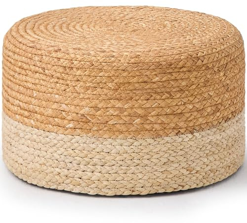 Wimarsbon Round Pouf Ottoman, Natural Hand Knitted Footrest Poof, Rustic Lounge Pouffe, Boho Pous Foot Stool, Accent Table or Seat (Natural Water Hyacinth + White Corn Husk, 17.7 * 17.7 * 9.84)