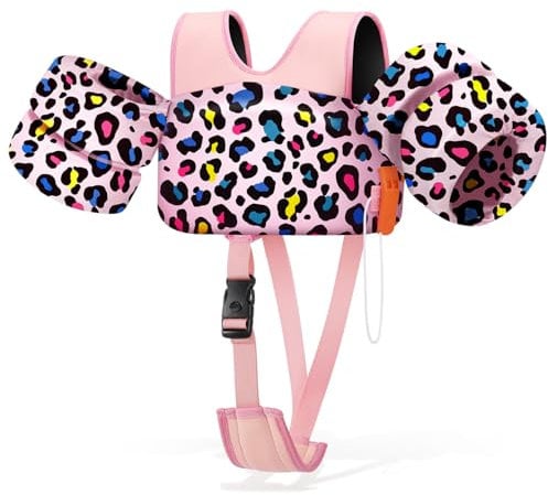 HeySplash Gilet da Nuoto per Bambini, Braccioli Galleggianti da Bambini con Cinghia Regolabile per Piccoli da 6-15kg, Giubbotto Galleggiante Bracciali Nuoto con Fischio, Leopardo Rosa Colorato