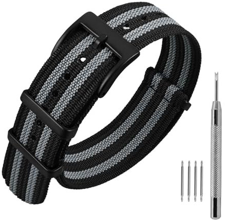 ANNEFIT Nylon Uhrenarmbänder 20mm mit Edelstahl Metall Schwarz Schließe, Sport Atmungsaktive Ersatzarmband (Schwarz/Grau)