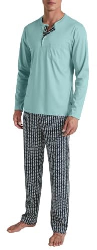 CALIDA Relax Selected Pyjama Herren | langer Schlafanzug, glatte Interlock-Qualität mit Serafino-Ausschnitt und Brusttasche