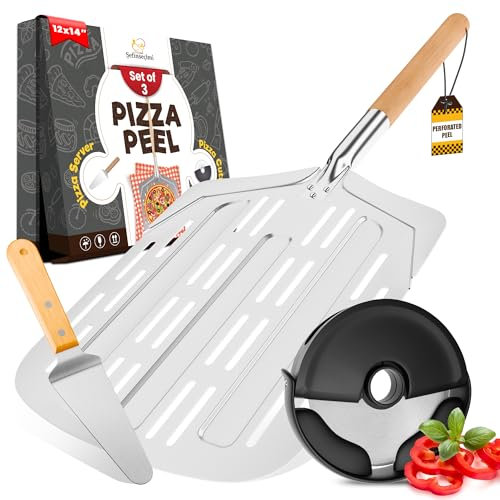 Sefinsecimi Ultimate Pizza Tool Set – 12x14 Inch Perforated Pizza Peel, Compact Pizza Cutter, Wood Handle Cheese Peel – Premium Pizza Making Kit for Baking, Slicing & Serving