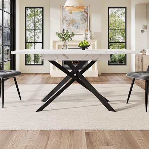Kebnor Esstisch Teleskoptisch(120-160cm),Ausziehbarer Esstisch platzsparender Küchentisch,Schwarz gekreuzte Eisenbeine,für Küche und Wohnzimmer (Weiß)