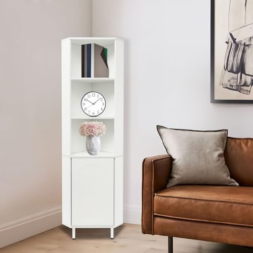 5-Ebenen Eckregal mit Tür 40 x 180 cm Hohes Bücherregal Freistehend Eckregal, hohes Eck-Bücherregal für Wohnzimmern, Bars, Heimbüros Aufbewahrungsregal, Für Ecken konzipiert (Weiß)
