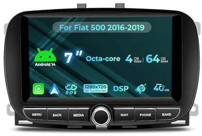 NVGOTEV 4+64GB Autoradio für FIAT 500 2016-2019 Wireless Carplay/Android Auto, 7 Zoll Android 14.0 Radio mit Bluetooth 4G WiFi GPS Navigation FM AM RDS DSP SWC
