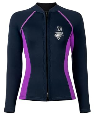 Oyolan Giacca in neoprene da 3 mm da donna in tessuto felpato, a maniche lunghe, con cerniera, top da snorkeling, nuoto, blu scuro, L