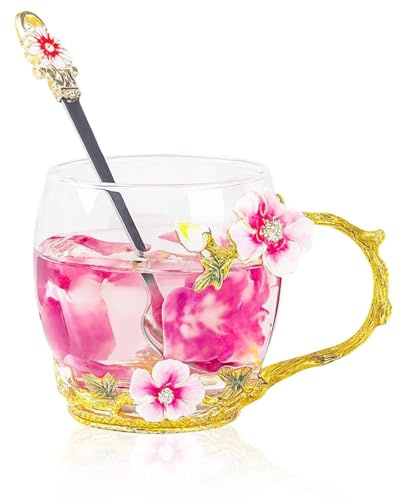 Enamelled Glass Tea Cup with Floral Pattern, 350ml – Unique Gift for Women, Birthday Present for Mum, Mother’s Day Day Gifts ’s Day, Christmas, Valentine’s Perfect for Mum, Sister, Friend, Teacher