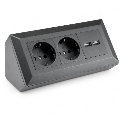 Bloc multiprise noir 2 prises et 2 ports USB 5,0 V – Multiprise d'angle de table – Pour cuisine, atelier, plan de travail