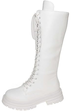 BIBOKAOKE Stivali alti da donna Retrò PU pelle bassa piatta stivali con lacci lunghi stivali alti stivali alla moda camoscio plateau stivaletti con tacco grosso, bianco, 39 EU