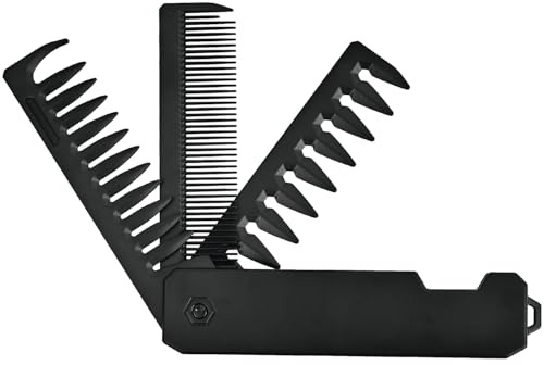 Folding Travel Comb for Men - 3-in-1 Black Flip Design with Wide & Fine Teeth for Hair Beard Mustache