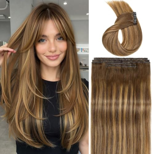 FAVE 100g Echthaar Extensions 50cm, 8-teilig, Butterfly Weft, Braun | Braun, 100% Remy Echthaar, PU Skin Basis, Mikroperlen, Doppel-Tabs, Kleberfrei, Wiederverwendbar für Alltag, Hochzeit