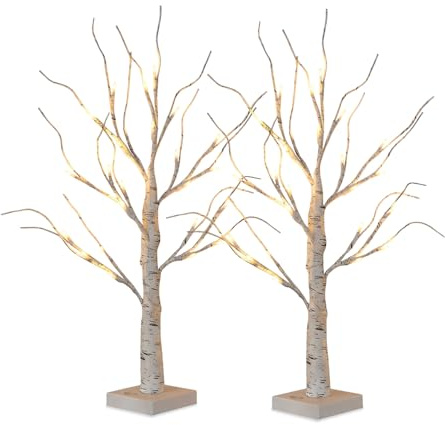 Wintem Lot de 2 décorations de Noël LED Effet Bouleau pour Maison et intérieur, Arbres éclairés avec 24 lumières Chaudes à Piles, idéales comme décorations de Noël élégantes et Sapin de Noël