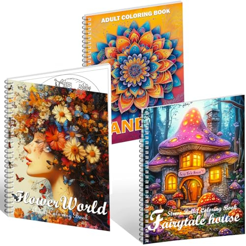 Aannanl 3 Stück Mandalas Malbuch für Erwachsene Entspannung | Dickes A4-Papier | 60 Mandalas, Blumen, Märchenhaus | Enthält 1 auslaufsichere Karte | Angst & Stressabbau für Frauen