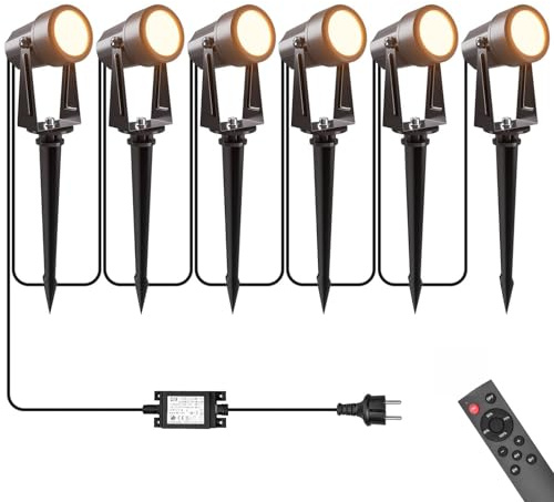 Gartenbeleuchtung mit Strom 23M, 3W*6 Stück Außenbeleuchtung Garten mit Fernbedienung 3000K Warmweiß mit Timer-Funktion, 27V Gartenstrahler LED Außen IP65 Wasserdicht für Weg, Rasen, Hof, Terrasse