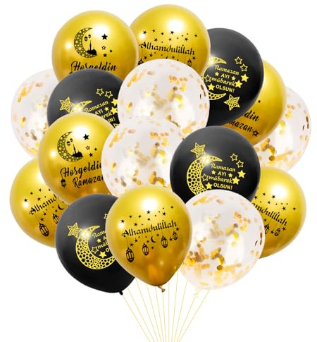 18 Stück Hosgeldin Ramazan Luftballons, Ramazan Dekor Schwarz Gold Ballons, Ramadan Ballons, mit Mond Stern Laterne Muster für zu Hause Drinnen Draußen