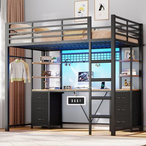 AOGLLATI Hochbett 90x200 mit Schreibtisch 35.5x200cm,Schwarz | Jugendbett Etagenbett mit Ladefunktion,6 große Schubladen & 4 Ablagen,Bunk Bed mit Rausfallschutz und Leiter aus Metall