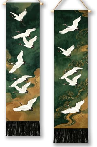 TNKBREEZE Japandi Wandteppich Wanddeko 2 Stück Set Vertikale Wandkunst aus Oxford Gewebe Asiatische Scroll Kunst 51×13 in 130×33cm Lang Schmal Wandbehang für Schlafzimmer Wohnzimmer Studio Dekoration