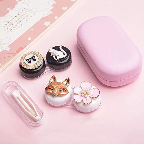 Cute Contact Lens Cases, Cat Contact Lens Soak Storage Box, Portable Pink Contact Lens Holder with Tweezers for Travel Kit (Pink Case Rabbit)