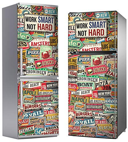 MEGADECOR DECORATE YOUR HOME Vinilo Adhesivo Decorativo para Nevera con Diseño de Carteles Vintage Work Smart, Not Hard (185cm x 60cm)