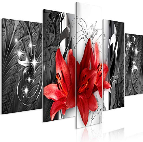 murando - Wandbilder XXL Blumen Lilien 200x100cm 5 tlg - Wand Deko Leinwand Bilder Groß Wanddeko Wohnzimmer Schlafzimmer Kunstdrucke - Abstrakt silber grau rot b-A-0615-b-m