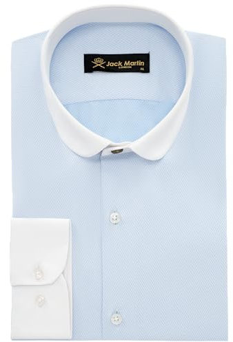 Blue Herringbone Dress Shirts for Men - Penny Collar & Button Down Long Sleeve - Formal & Casual - Men's 1920s Blinders Fancy Dress (XL)