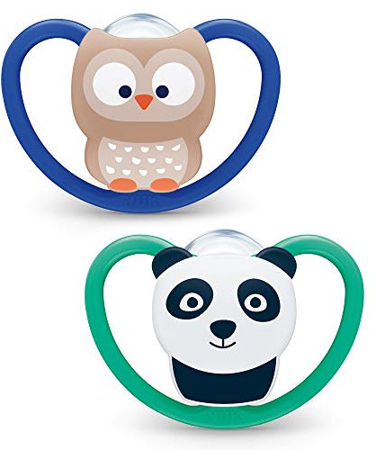 NUK Space Baby Schnuller | 6-18 Monate | Schnuller mit extra Belüftung | BPA-freies Silikon | Eule & Panda | 2 Stück
