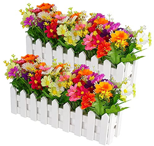 MOPOIN Lot de 2 Fleurs artificielles en Pot avec clôture en Bois, Fleurs artificielles d'automne, orchidées artificielles, décoration pour Balcon, Salon, Jardin