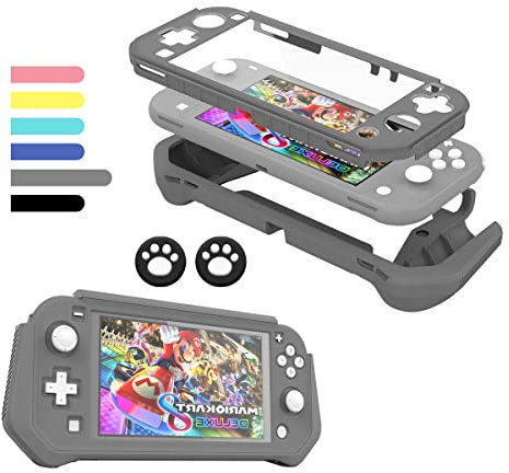 Switch Lite Case Protective Case for Nintendo Switch Lite, Compatible with Nintendo Switch Lite Cover with Built-in PC Screen Protector Hand Grip Case with 2 Thumb Grip Caps, Gray