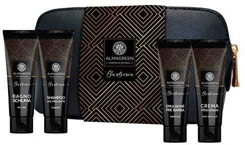 Almagreen Box/Set idea Regalo per Uomo e Papà: Kit Corpo e Capelli composto da Bagnoschiuma, Shampoo con Luppolo, Emulsione Pre-Barba, Crema Aftershave dopobarba