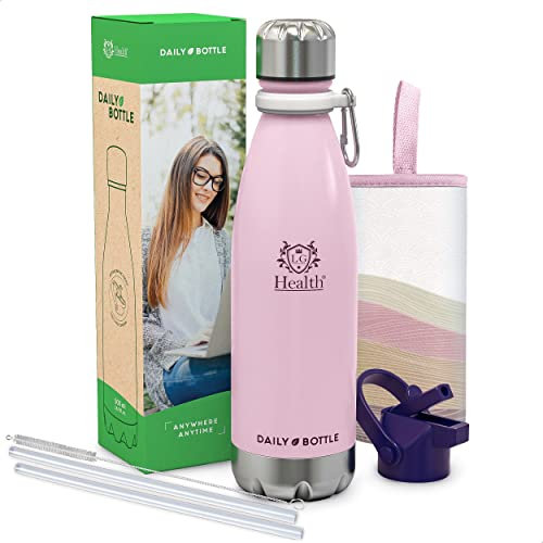 LG Luxury & Grace Botella de Agua en Acero Inoxidable 500 ml. Botella Térmica sin BPA para Bebidas Frías y Calientes. Cantimplora de Doble Pared y Cierre Hermético. Funda de Neopreno + Mosquetón.